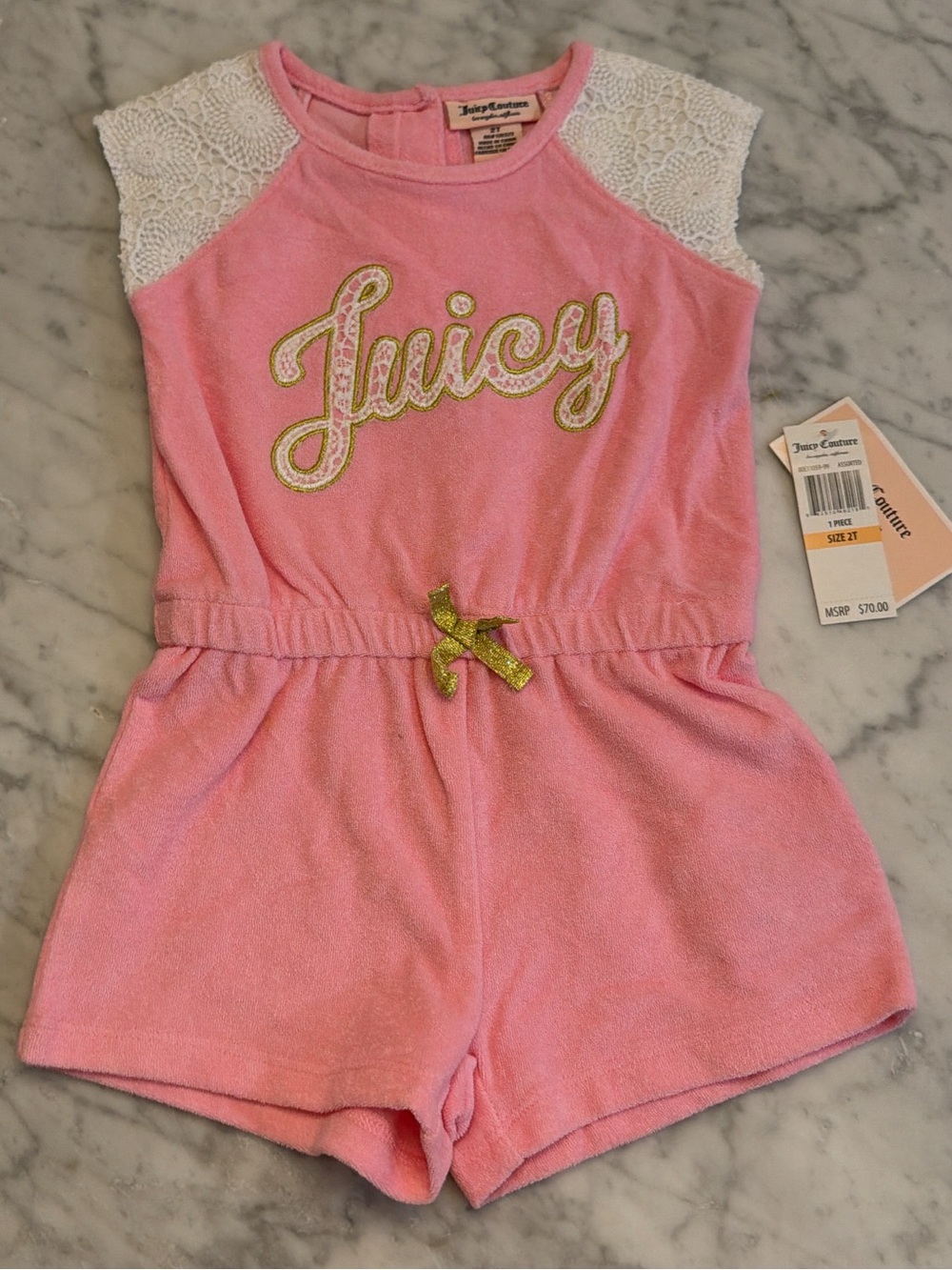 Juicy Couture Pink Terry Lace-Shoulder Romper with Gold Accents